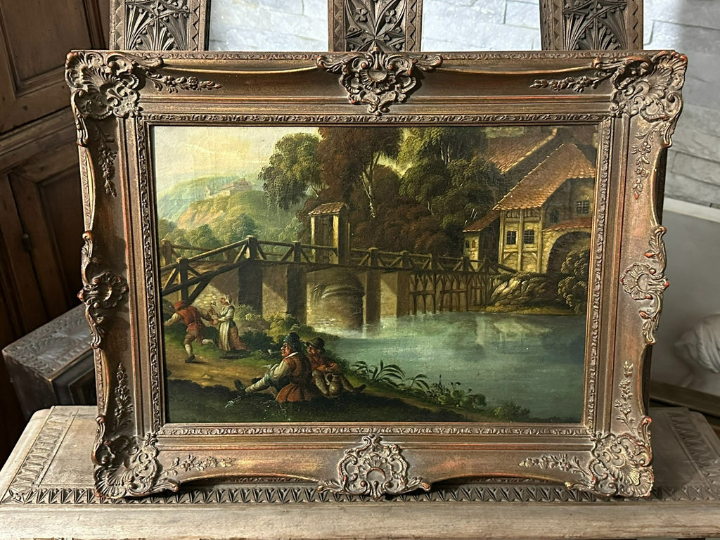 Barock Altmeister Ölgemälde Rast an der Brücke Personen 18/19 tes Jhdt