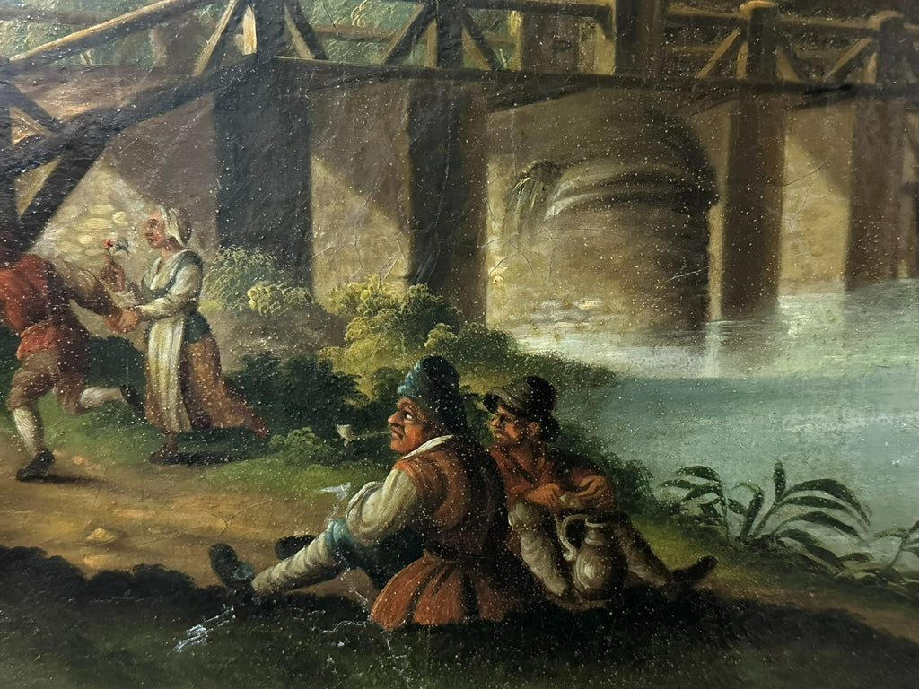 Barock Altmeister Ölgemälde Rast an der Brücke Personen 18/19 tes Jhdt
