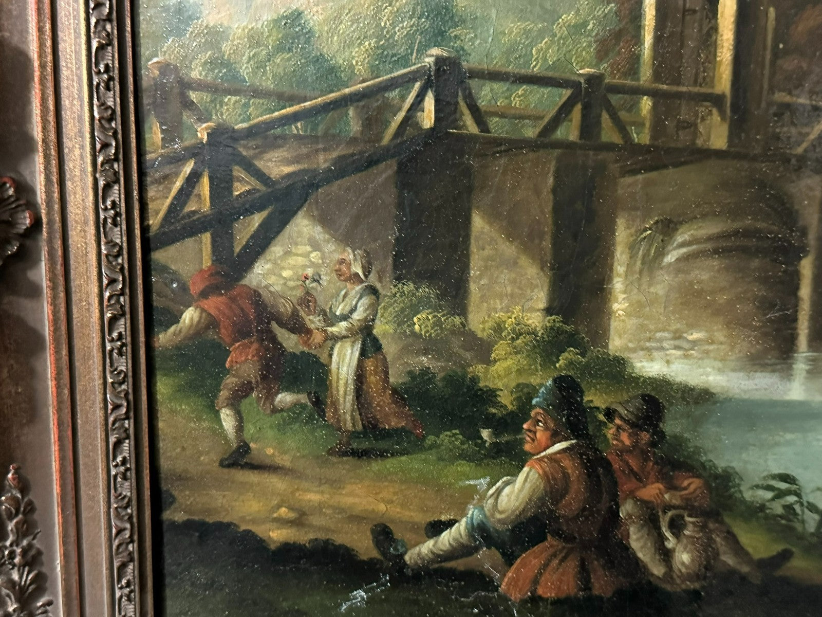 Barock Altmeister Ölgemälde Rast an der Brücke Personen 18/19 tes Jhdt