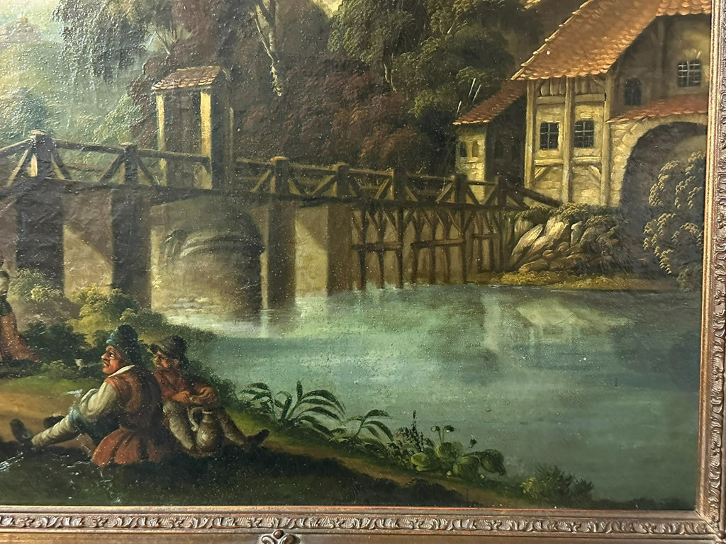 Barock Altmeister Ölgemälde Rast an der Brücke Personen 18/19 tes Jhdt