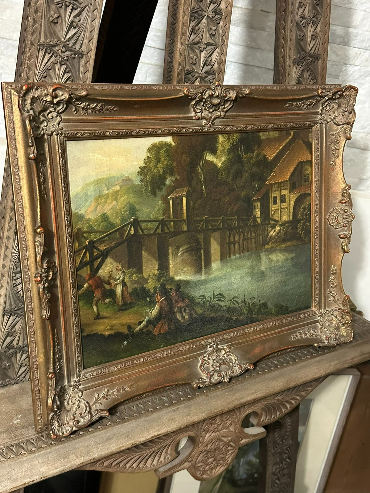 Barock Altmeister Ölgemälde Rast an der Brücke Personen 18/19 tes Jhdt