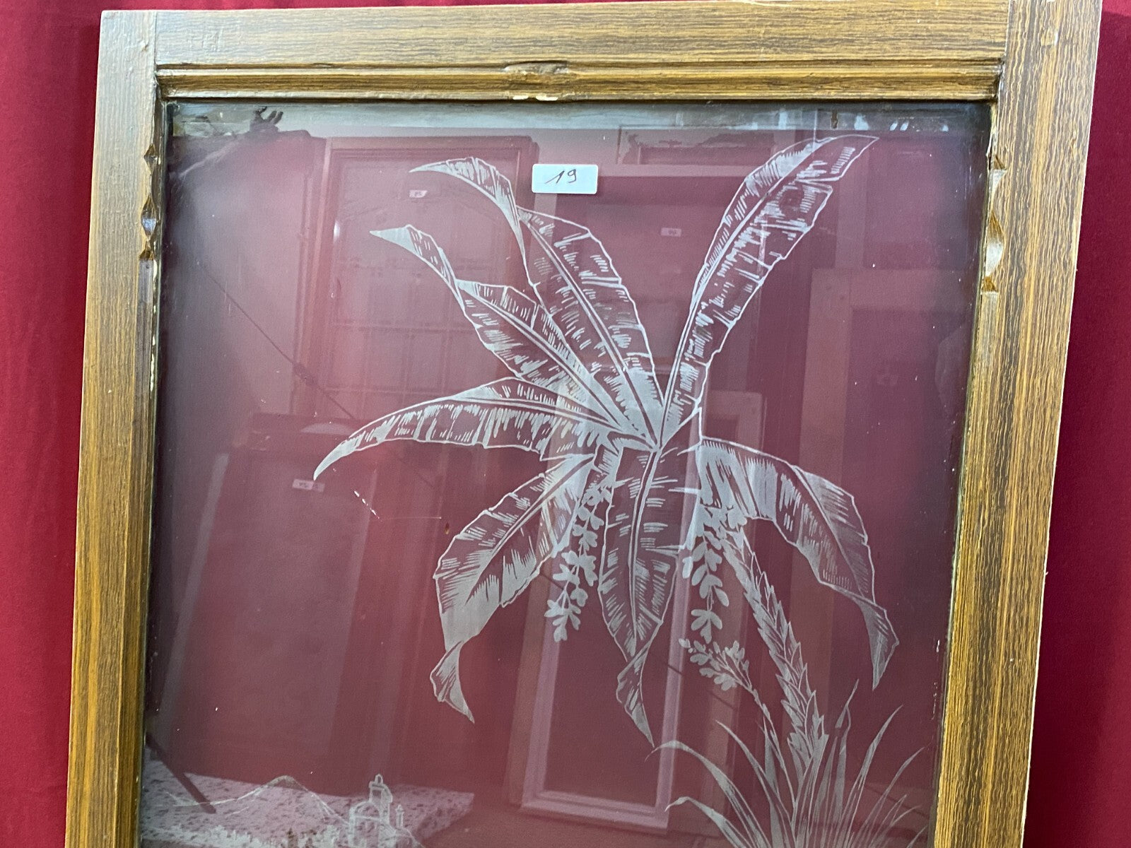 Antike Glasscheibe Jugendstil um 1890 Fenster Palme 63x98cm