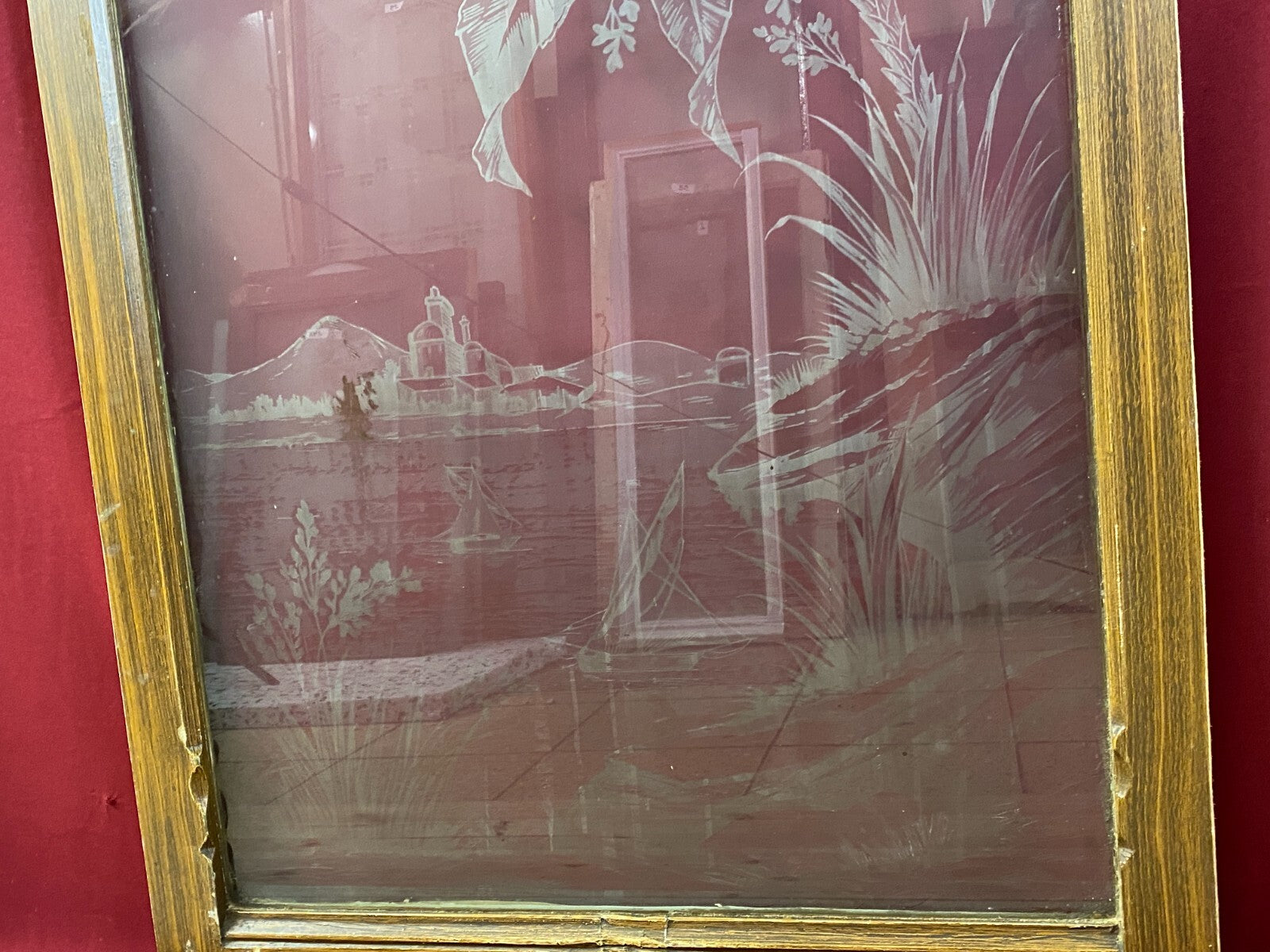 Antike Glasscheibe Jugendstil um 1890 Fenster Palme 63x98cm