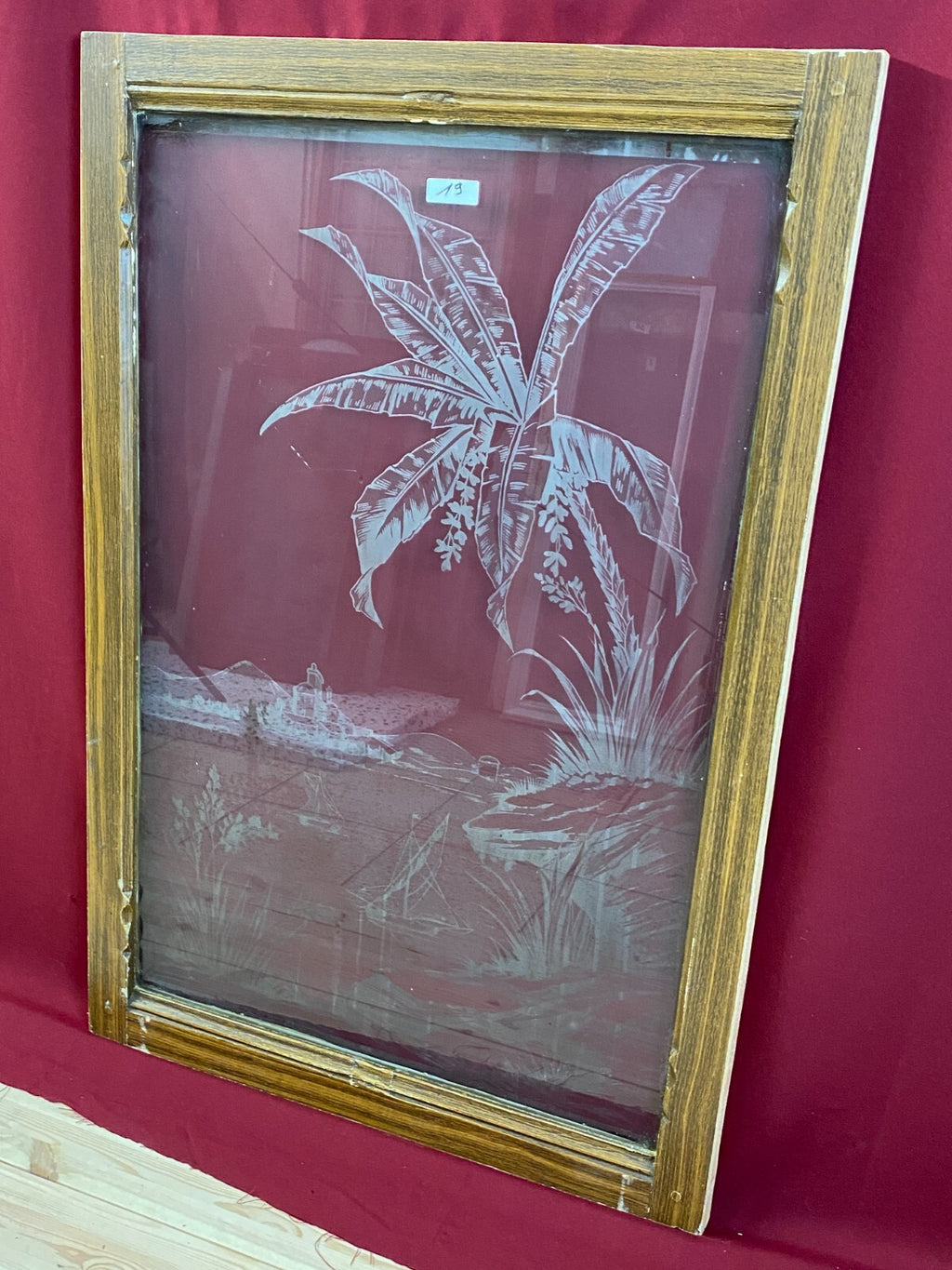 Antike Glasscheibe Jugendstil um 1890 Fenster Palme 63x98cm