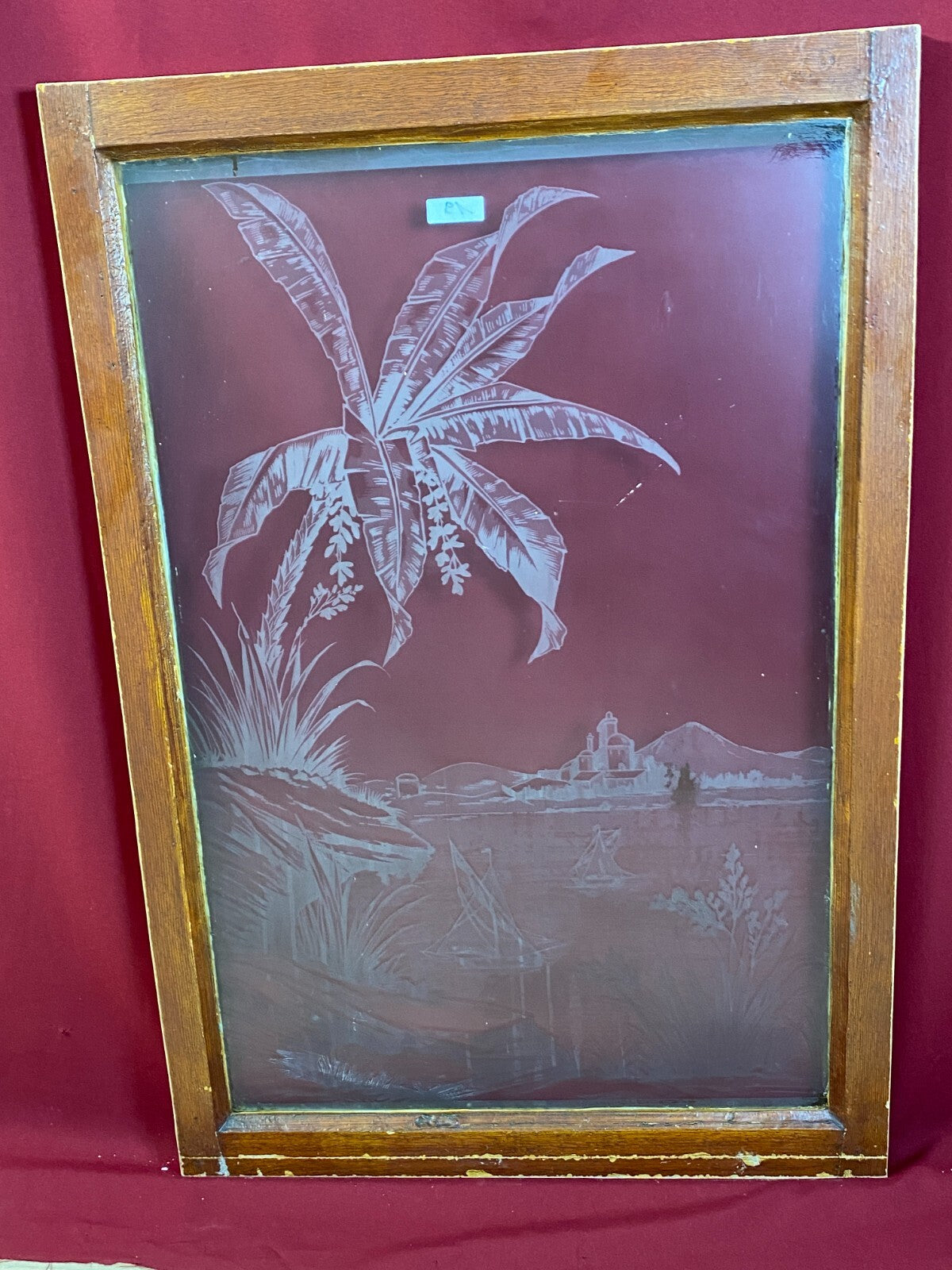 Antike Glasscheibe Jugendstil um 1890 Fenster Palme 63x98cm