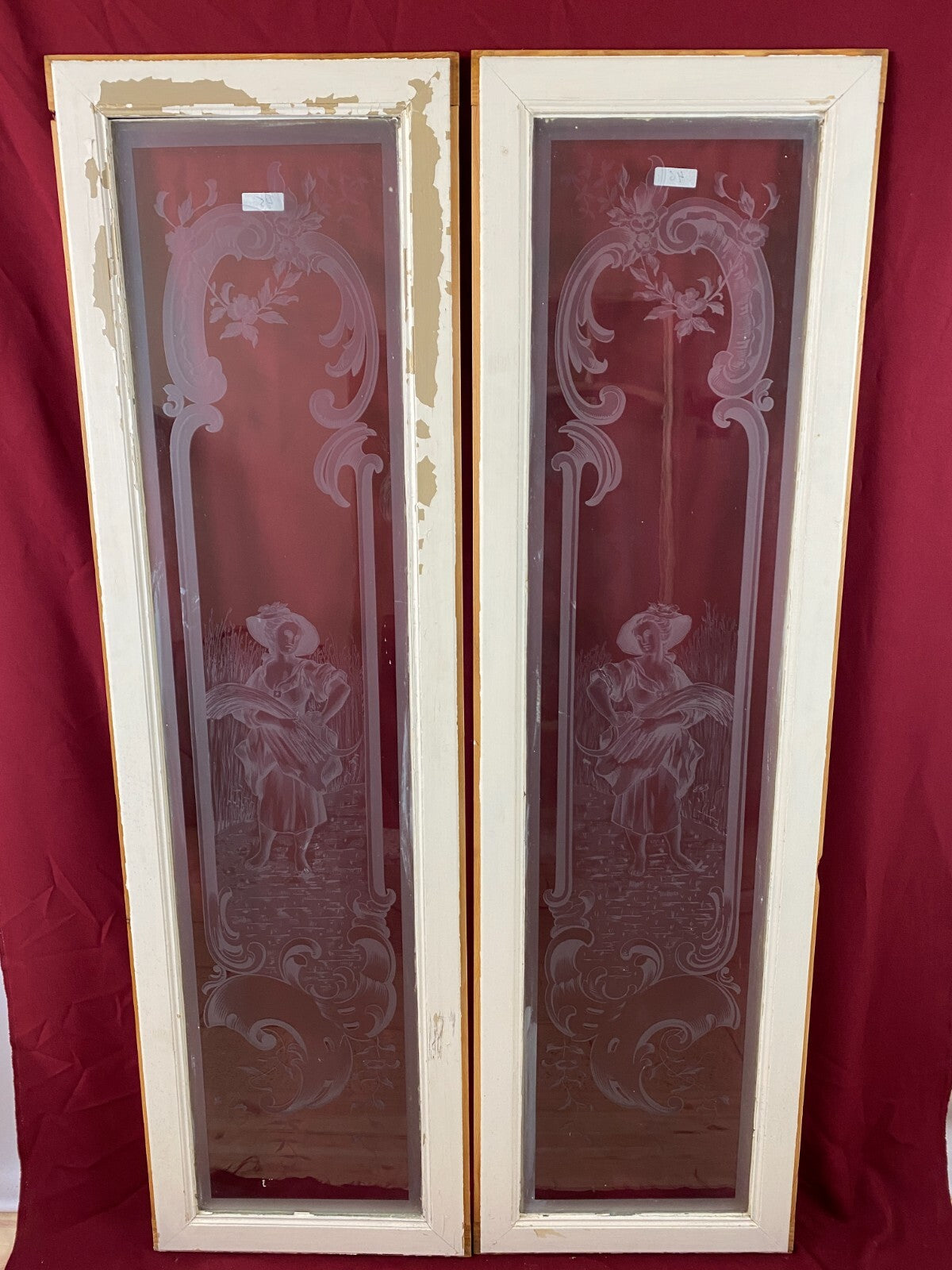 2x antike Glasscheibe Jugendstil um 1890 Fenster Personen 43,5x143cm