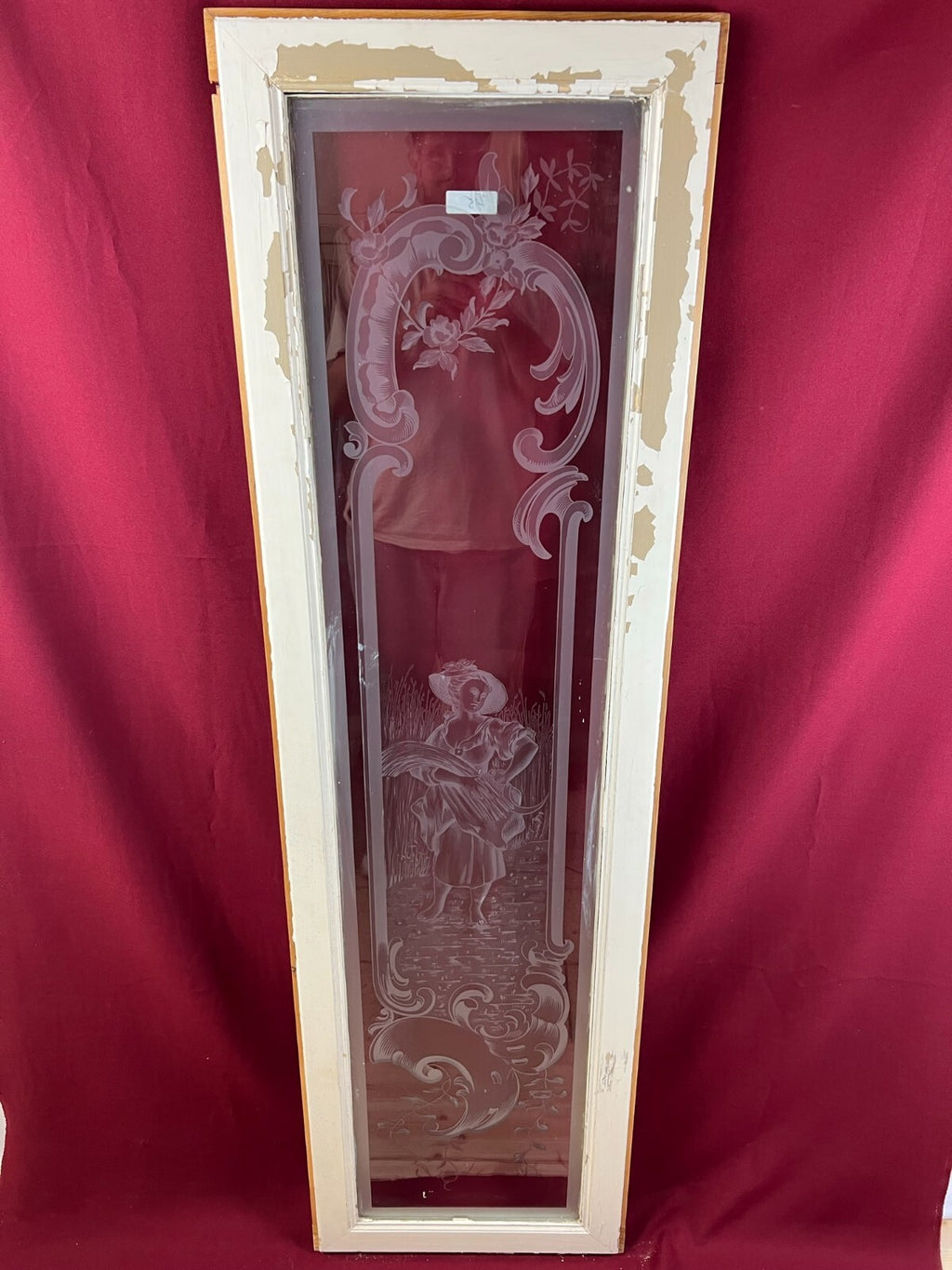 2x antike Glasscheibe Jugendstil um 1890 Fenster Personen 43,5x143cm
