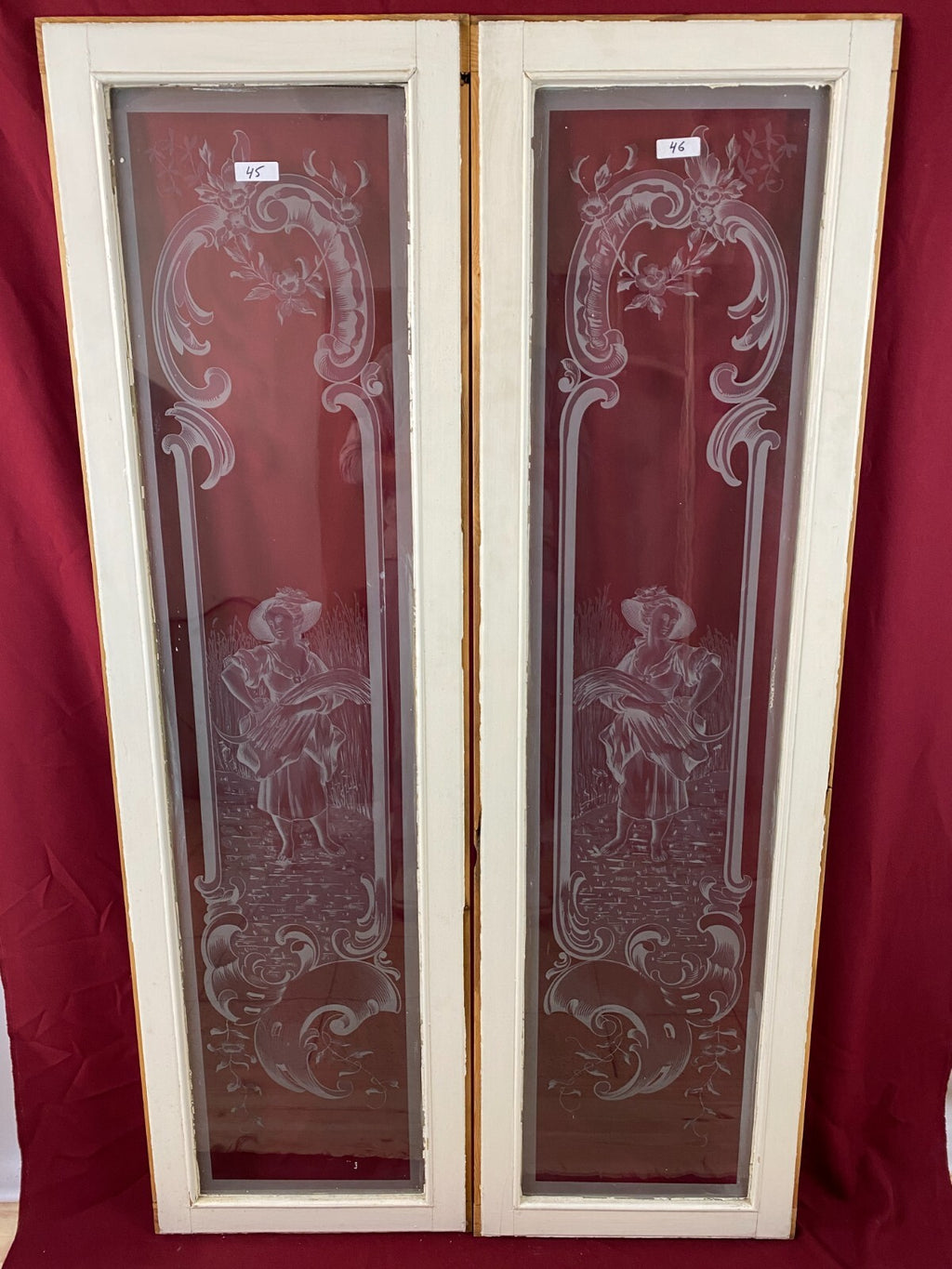 2x ANTIKE GLASSCHEIBE JUGENDSTIL UM 1890 FENSTER PERSONEN 43,5x143cm