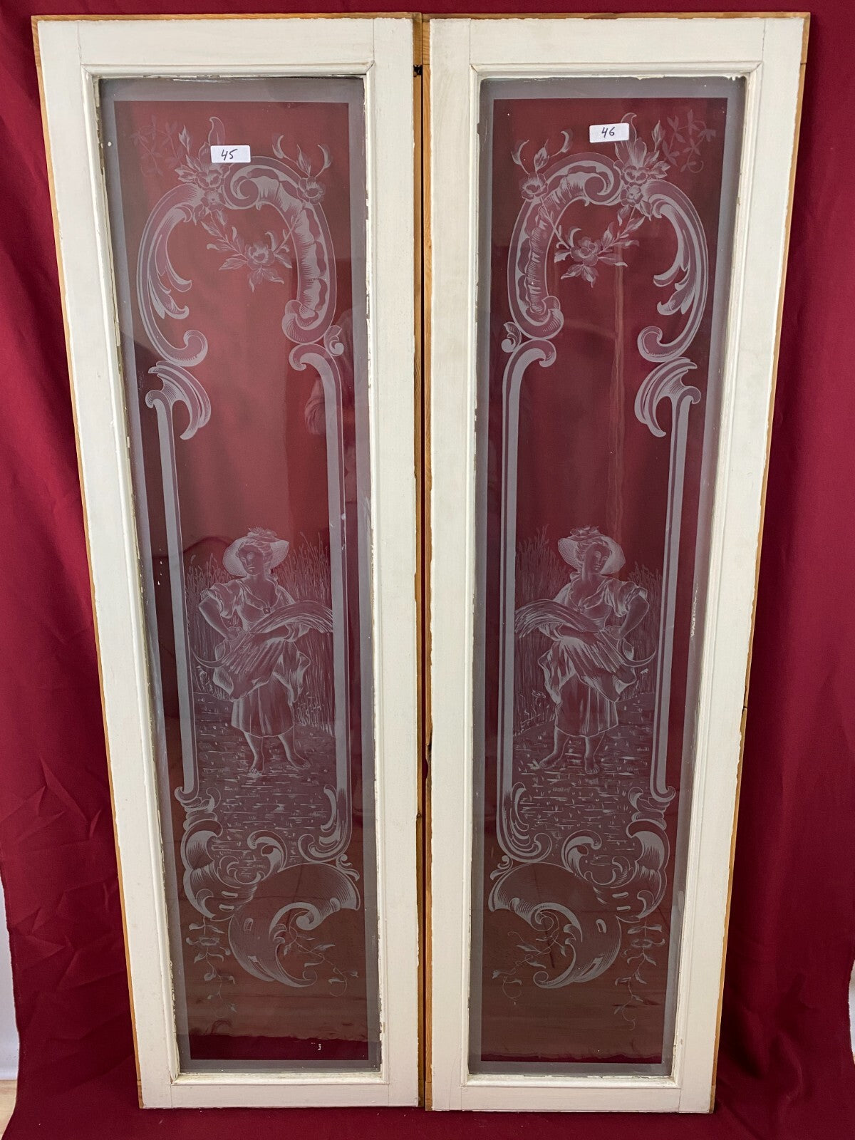 2x ANTIKE GLASSCHEIBE JUGENDSTIL UM 1890 FENSTER PERSONEN 43,5x143cm
