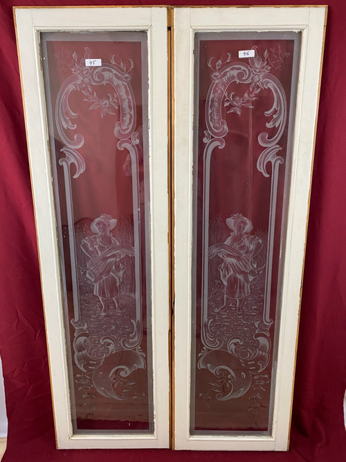 2x ANTIKE GLASSCHEIBE JUGENDSTIL UM 1890 FENSTER PERSONEN 43,5x143cm
