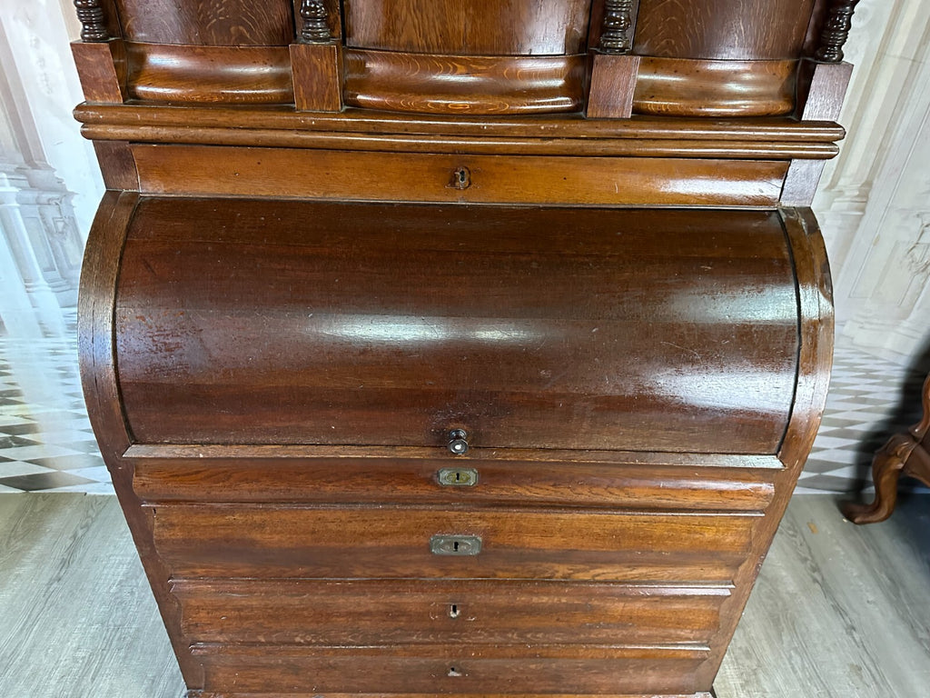 Antiker Biedermeier Schreibtisch mit Aufsatz Zylinderbüro um 1840 Eiche Säulen