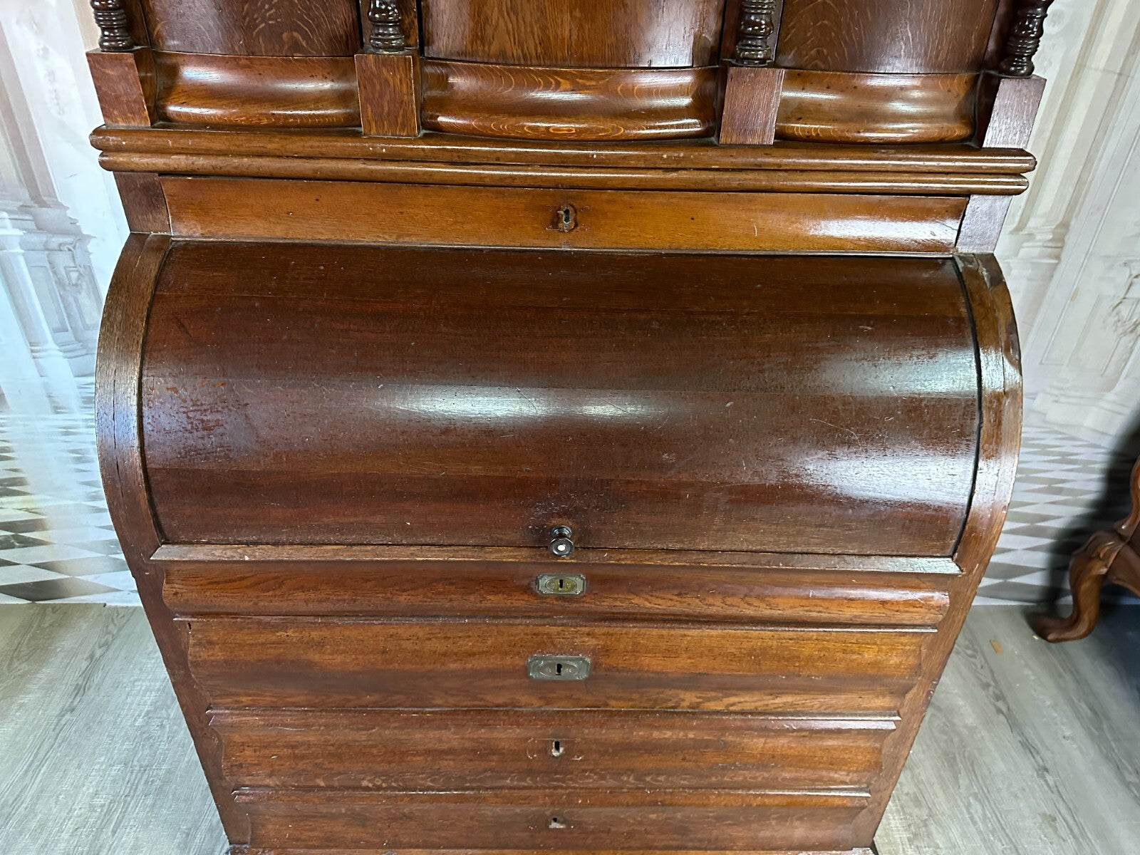Antiker Biedermeier Schreibtisch mit Aufsatz Zylinderbüro um 1840 Eiche Säulen