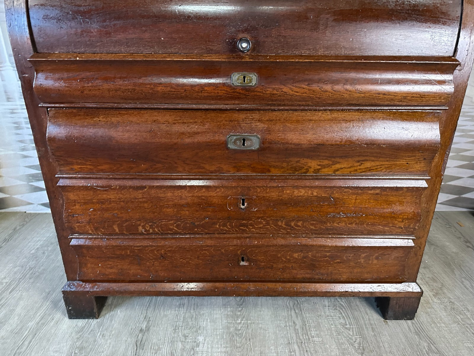 Antiker Biedermeier Schreibtisch mit Aufsatz Zylinderbüro um 1840 Eiche Säulen