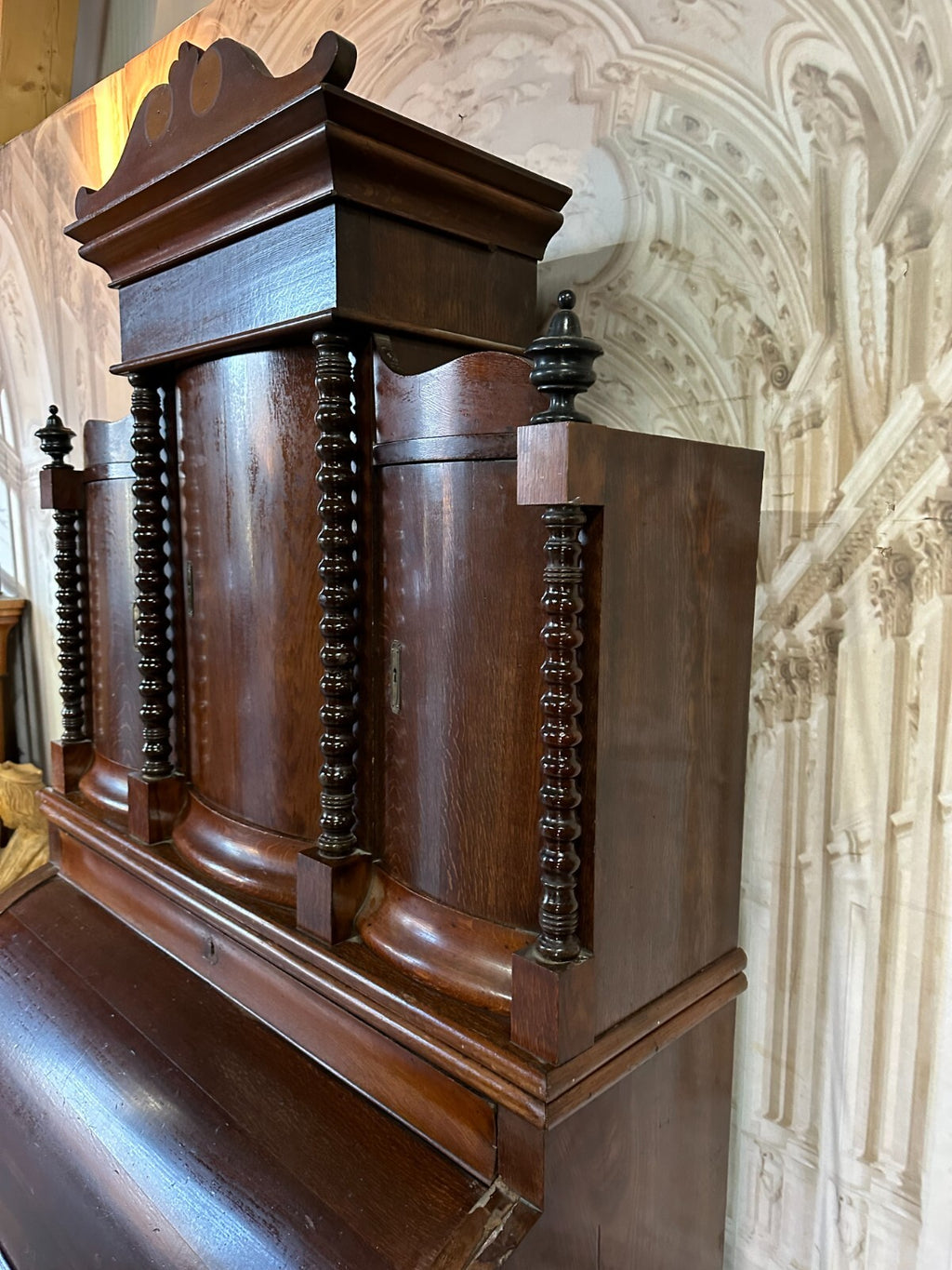 Antiker Biedermeier Schreibtisch mit Aufsatz Zylinderbüro um 1840 Eiche Säulen