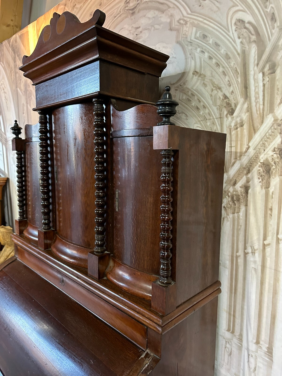 Antiker Biedermeier Schreibtisch mit Aufsatz Zylinderbüro um 1840 Eiche Säulen
