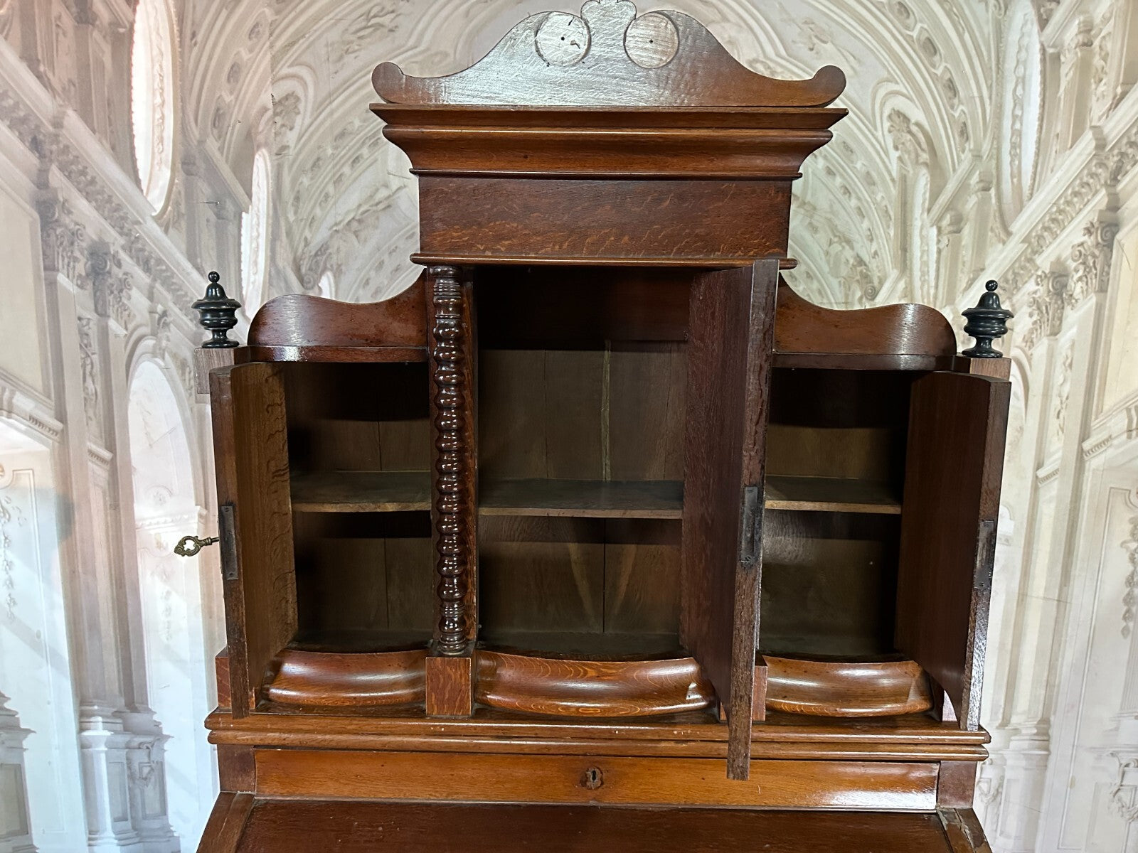 Antiker Biedermeier Schreibtisch mit Aufsatz Zylinderbüro um 1840 Eiche Säulen
