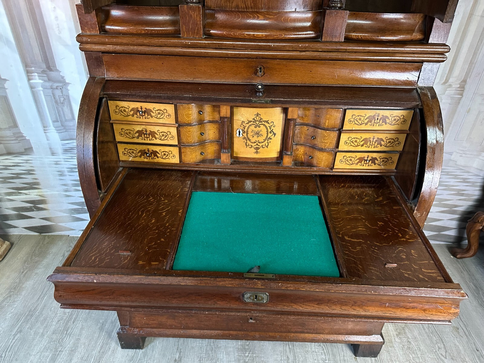 Antiker Biedermeier Schreibtisch mit Aufsatz Zylinderbüro um 1840 Eiche Säulen