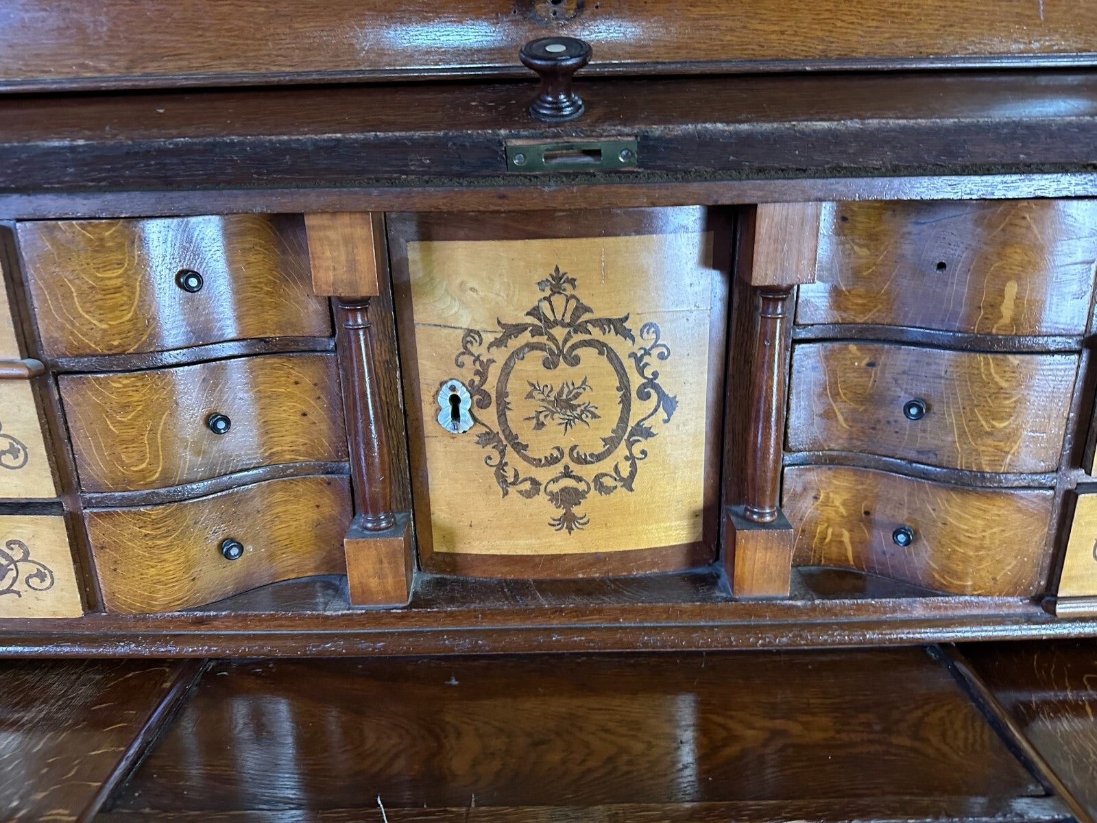 Antiker Biedermeier Schreibtisch mit Aufsatz Zylinderbüro um 1840 Eiche Säulen