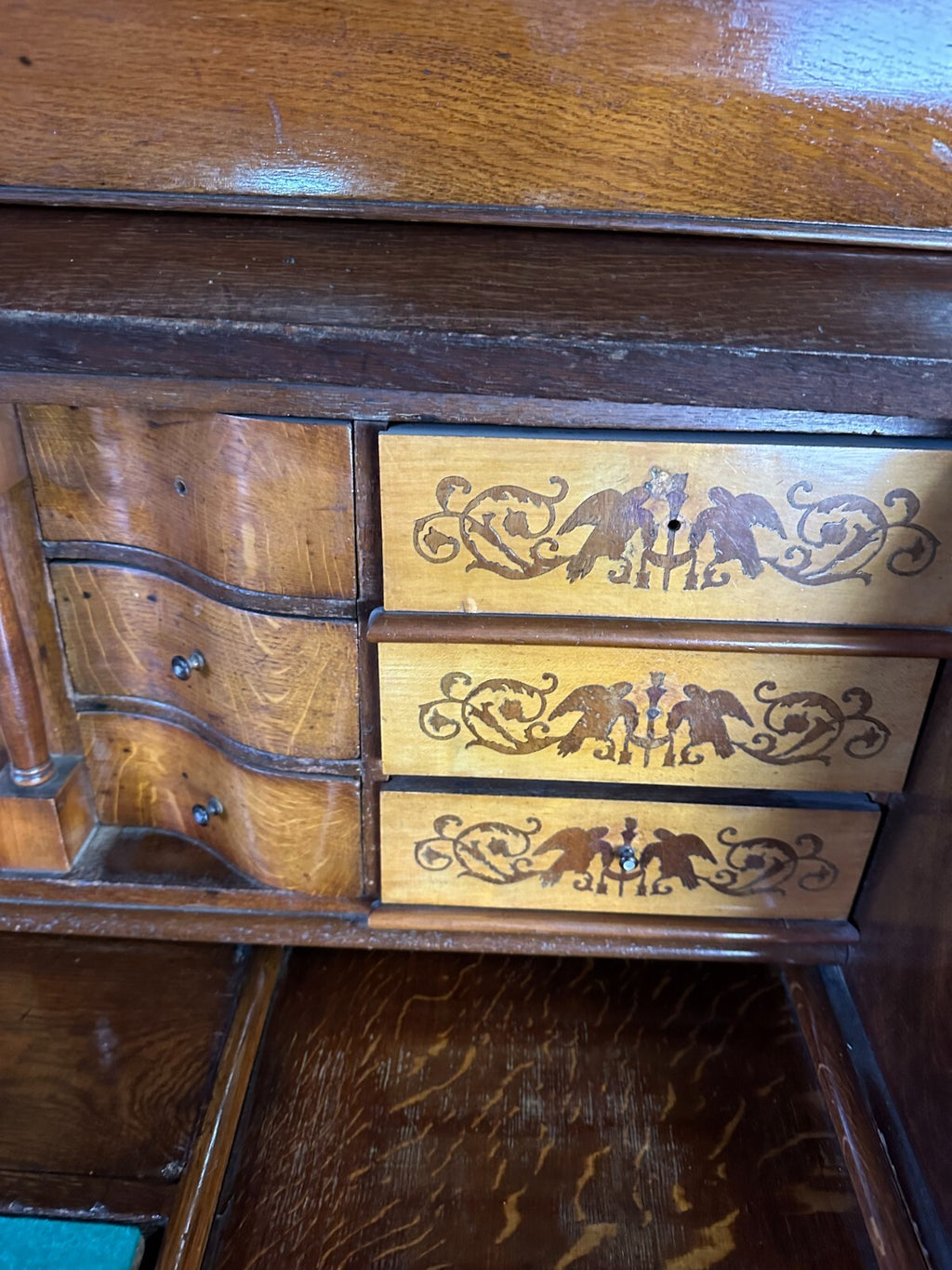 Antiker Biedermeier Schreibtisch mit Aufsatz Zylinderbüro um 1840 Eiche Säulen
