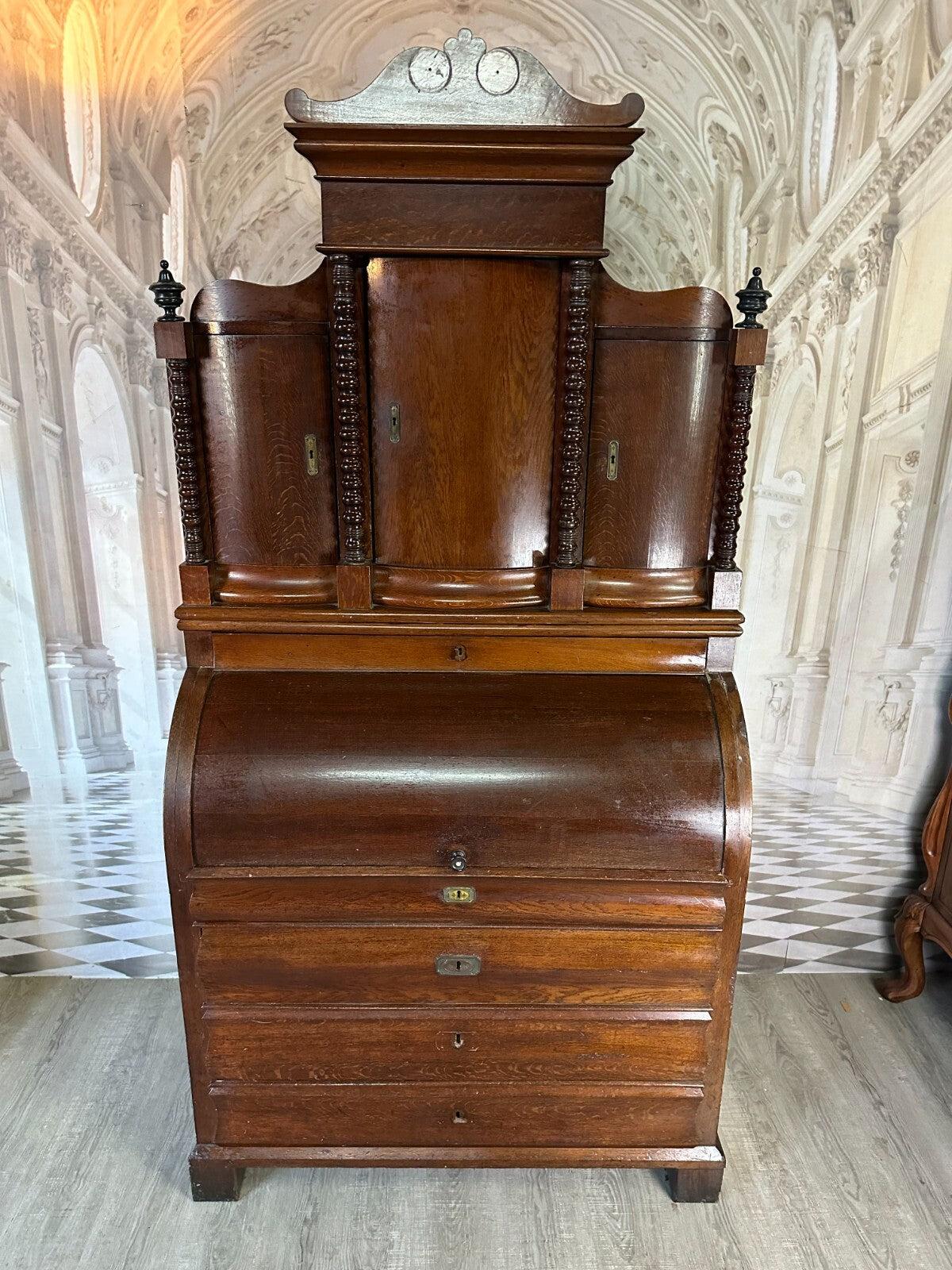 Antiker Biedermeier Schreibtisch mit Aufsatz Zylinderbüro um 1840 Eiche Säulen