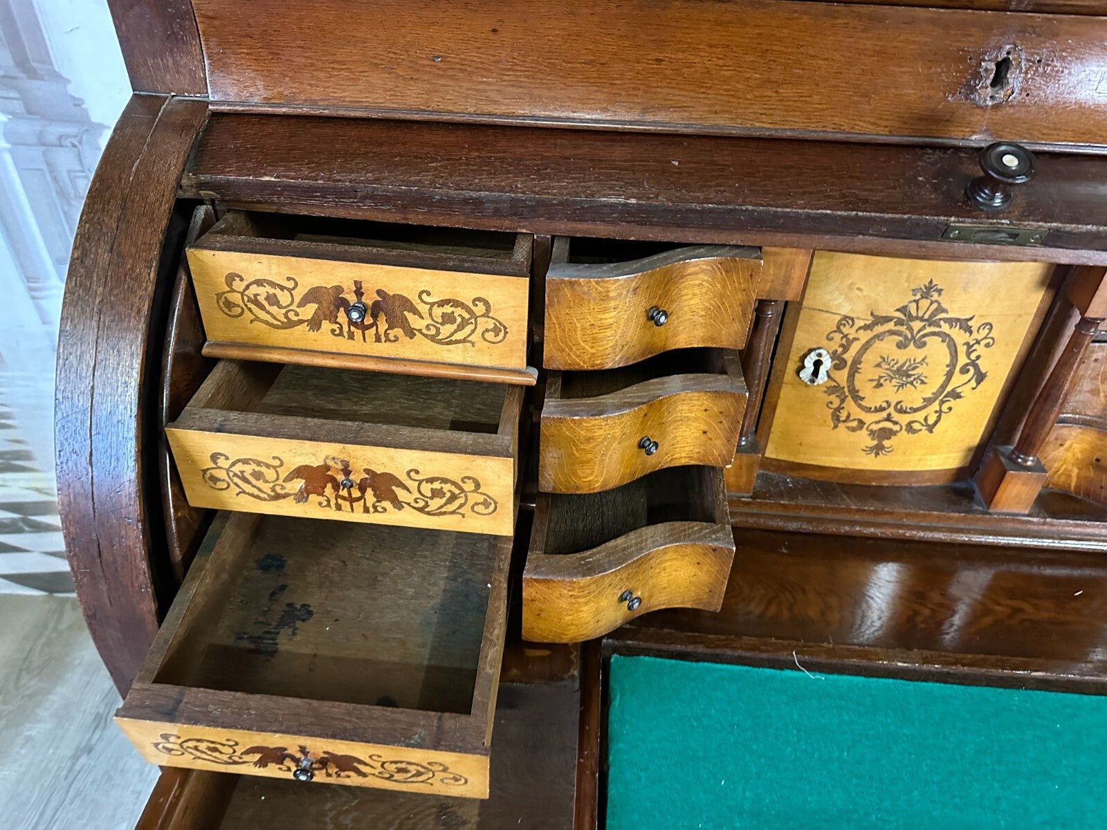 Antiker Biedermeier Schreibtisch mit Aufsatz Zylinderbüro um 1840 Eiche Säulen