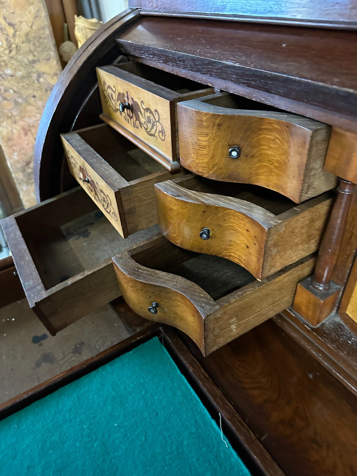 Antiker Biedermeier Schreibtisch mit Aufsatz Zylinderbüro um 1840 Eiche Säulen