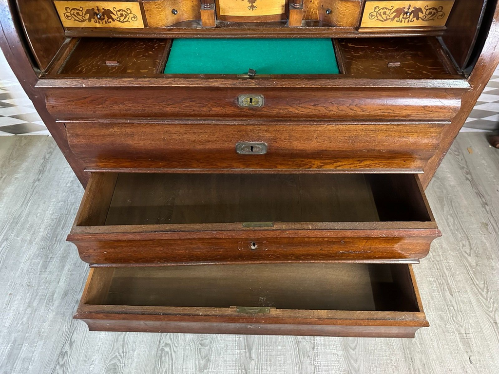 Antiker Biedermeier Schreibtisch mit Aufsatz Zylinderbüro um 1840 Eiche Säulen