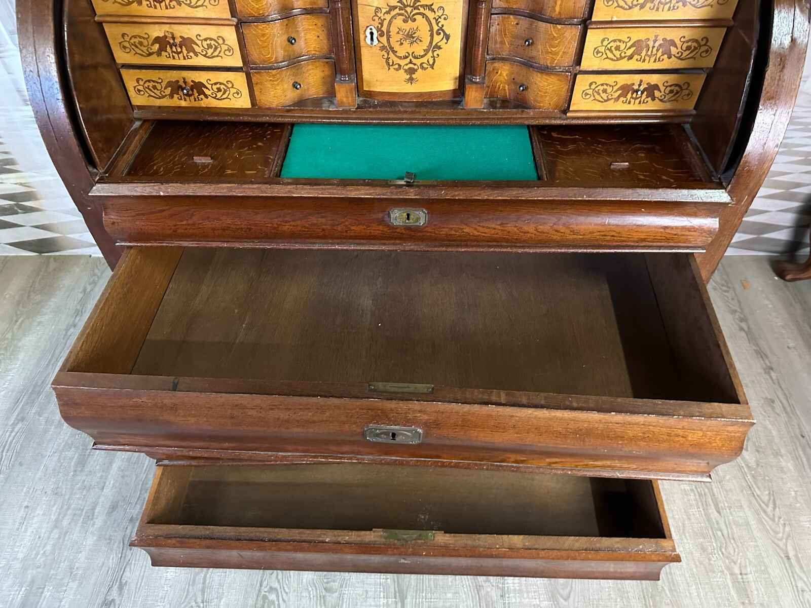 Antiker Biedermeier Schreibtisch mit Aufsatz Zylinderbüro um 1840 Eiche Säulen