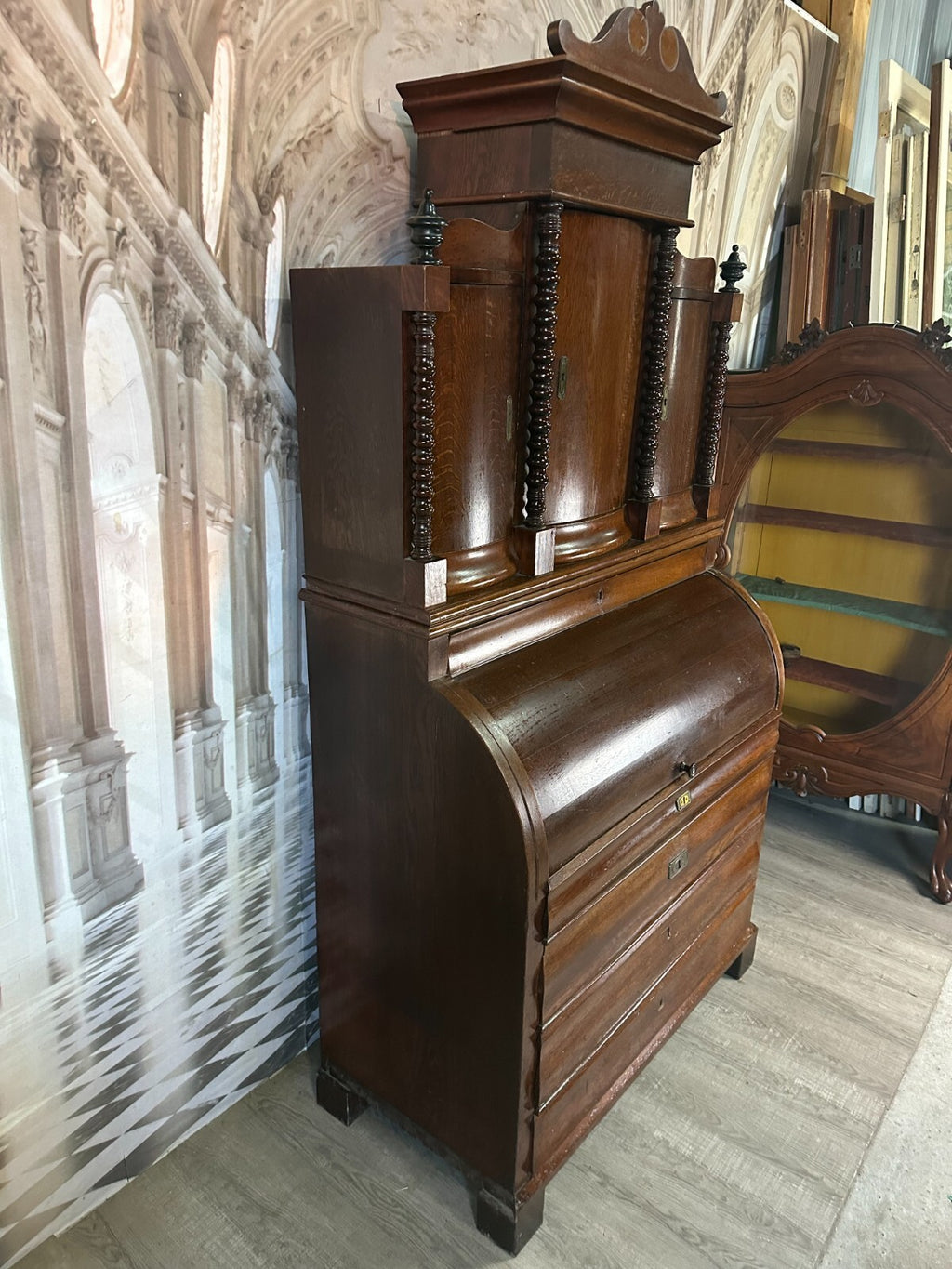 Antiker Biedermeier Schreibtisch mit Aufsatz Zylinderbüro um 1840 Eiche Säulen