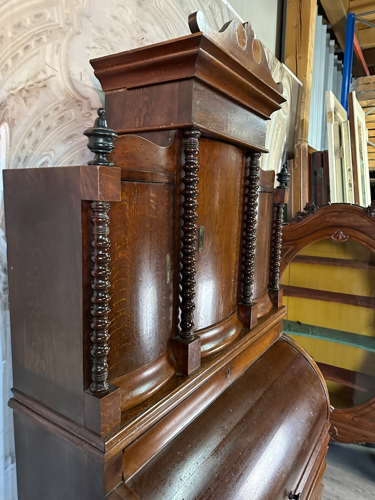 Antiker Biedermeier Schreibtisch mit Aufsatz Zylinderbüro um 1840 Eiche Säulen