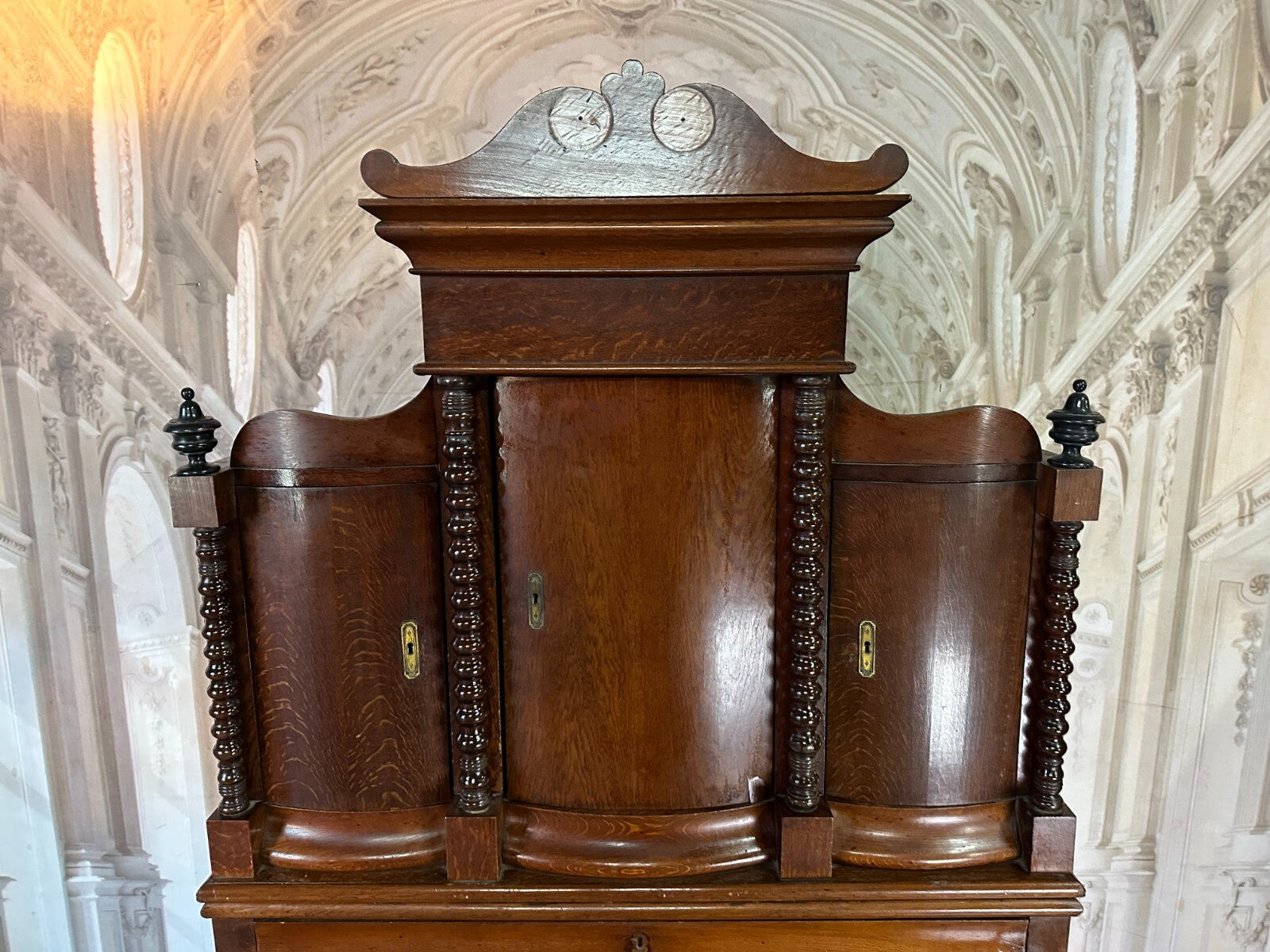 Antiker Biedermeier Schreibtisch mit Aufsatz Zylinderbüro um 1840 Eiche Säulen