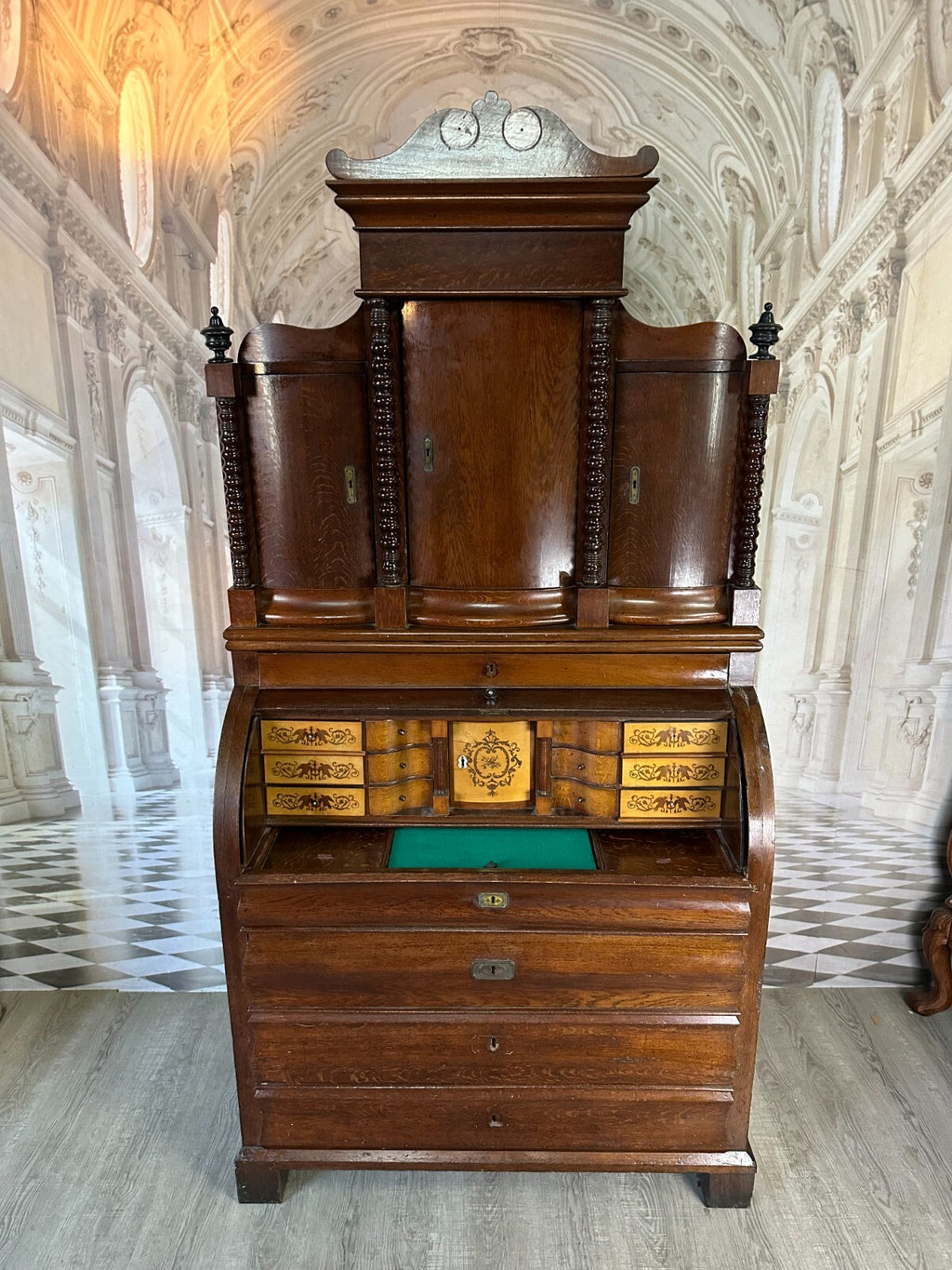 ANTIKER BIEDERMEIER SCHREIBTISCH MIT AUFSATZ ZYLINDERBÜRO UM 1840 EICHE SÄULEN