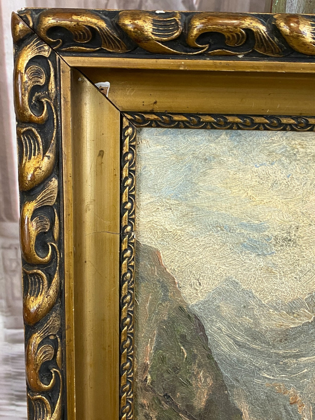 Ölgemälde in Prunkrahmen Fluss Landschaft vor Gebirge signiert Hasler München