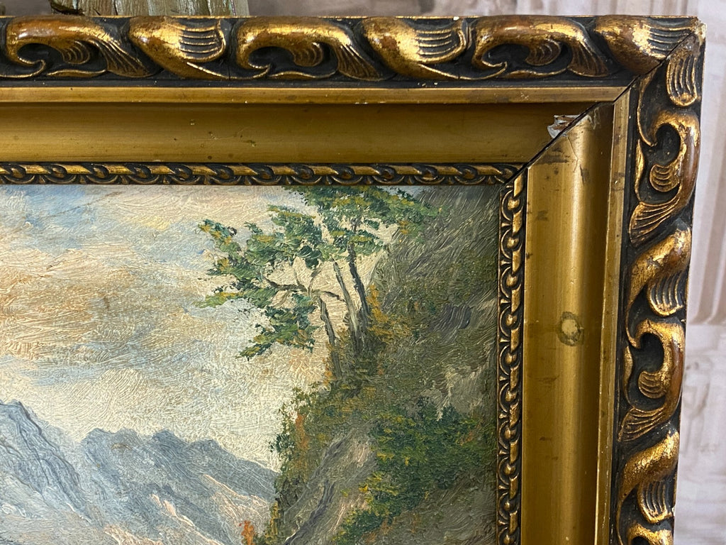 Ölgemälde in Prunkrahmen Fluss Landschaft vor Gebirge signiert Hasler München