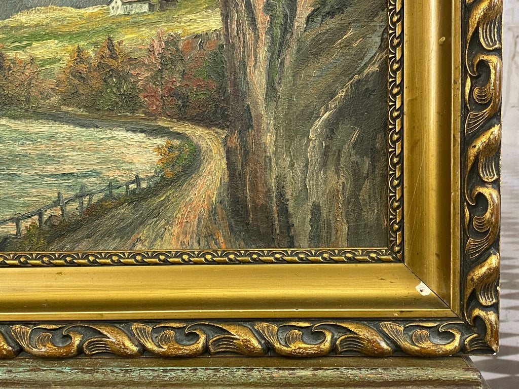 Ölgemälde in Prunkrahmen Fluss Landschaft vor Gebirge signiert Hasler München