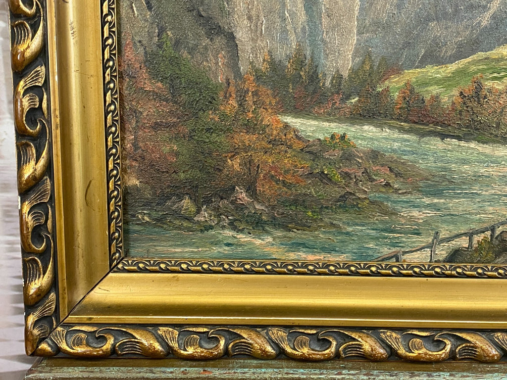 Ölgemälde in Prunkrahmen Fluss Landschaft vor Gebirge signiert Hasler München