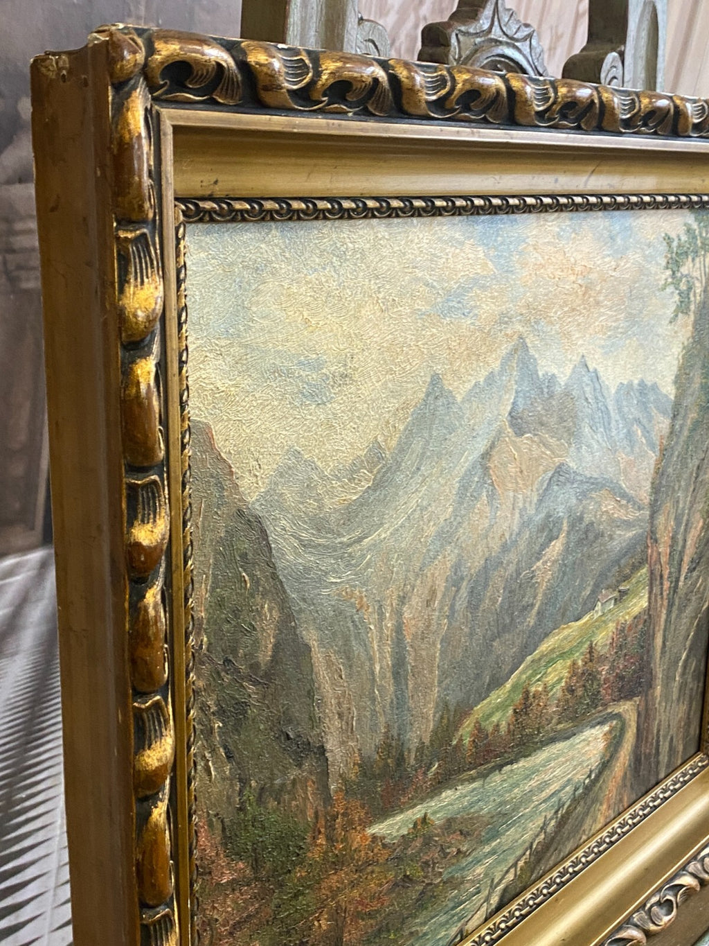 Ölgemälde in Prunkrahmen Fluss Landschaft vor Gebirge signiert Hasler München