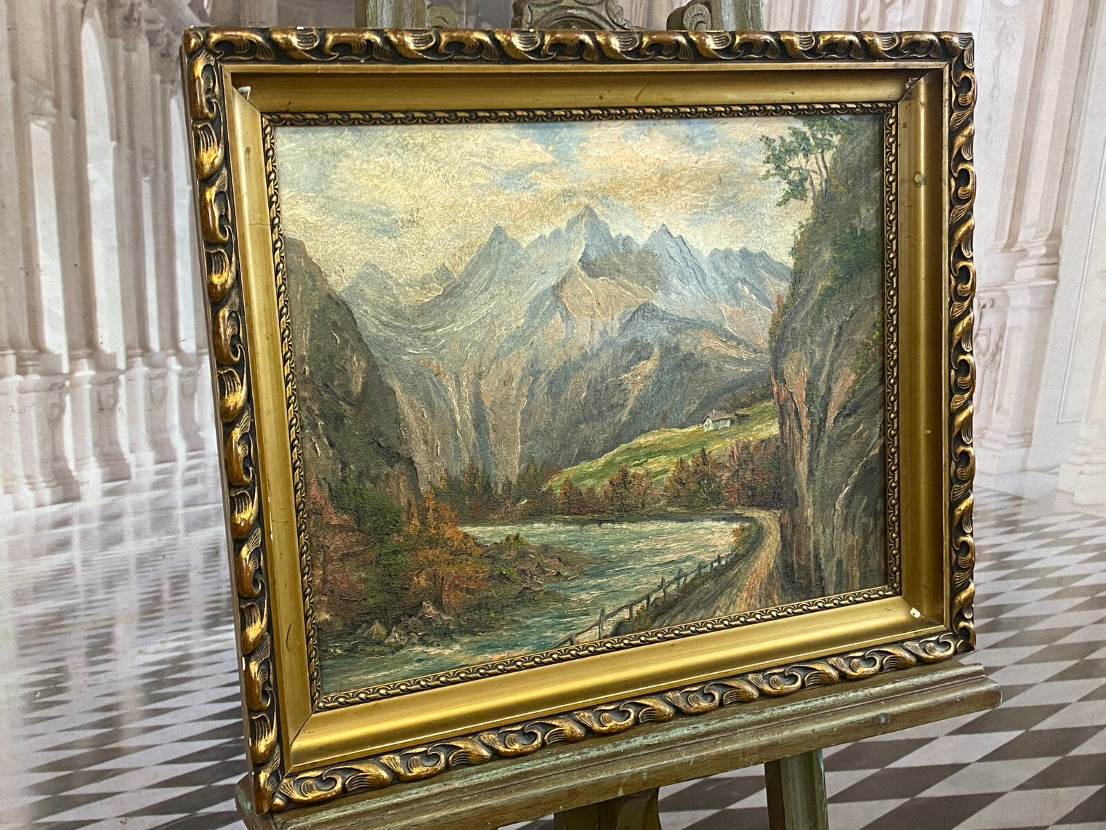 Ölgemälde in Prunkrahmen Fluss Landschaft vor Gebirge signiert Hasler München