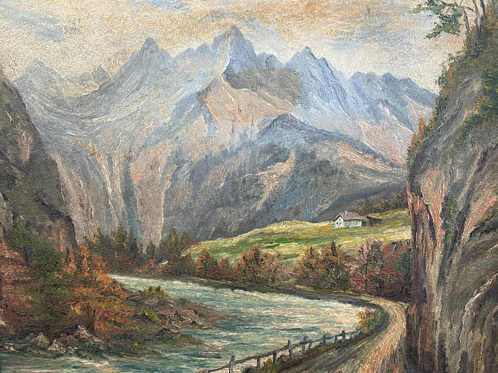 Ölgemälde in Prunkrahmen Fluss Landschaft vor Gebirge signiert Hasler München