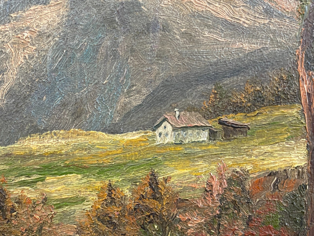 Ölgemälde in Prunkrahmen Fluss Landschaft vor Gebirge signiert Hasler München