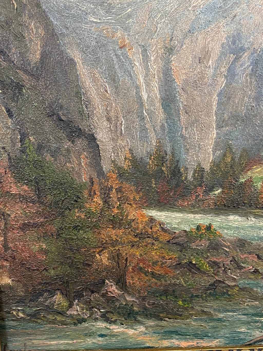 Ölgemälde in Prunkrahmen Fluss Landschaft vor Gebirge signiert Hasler München