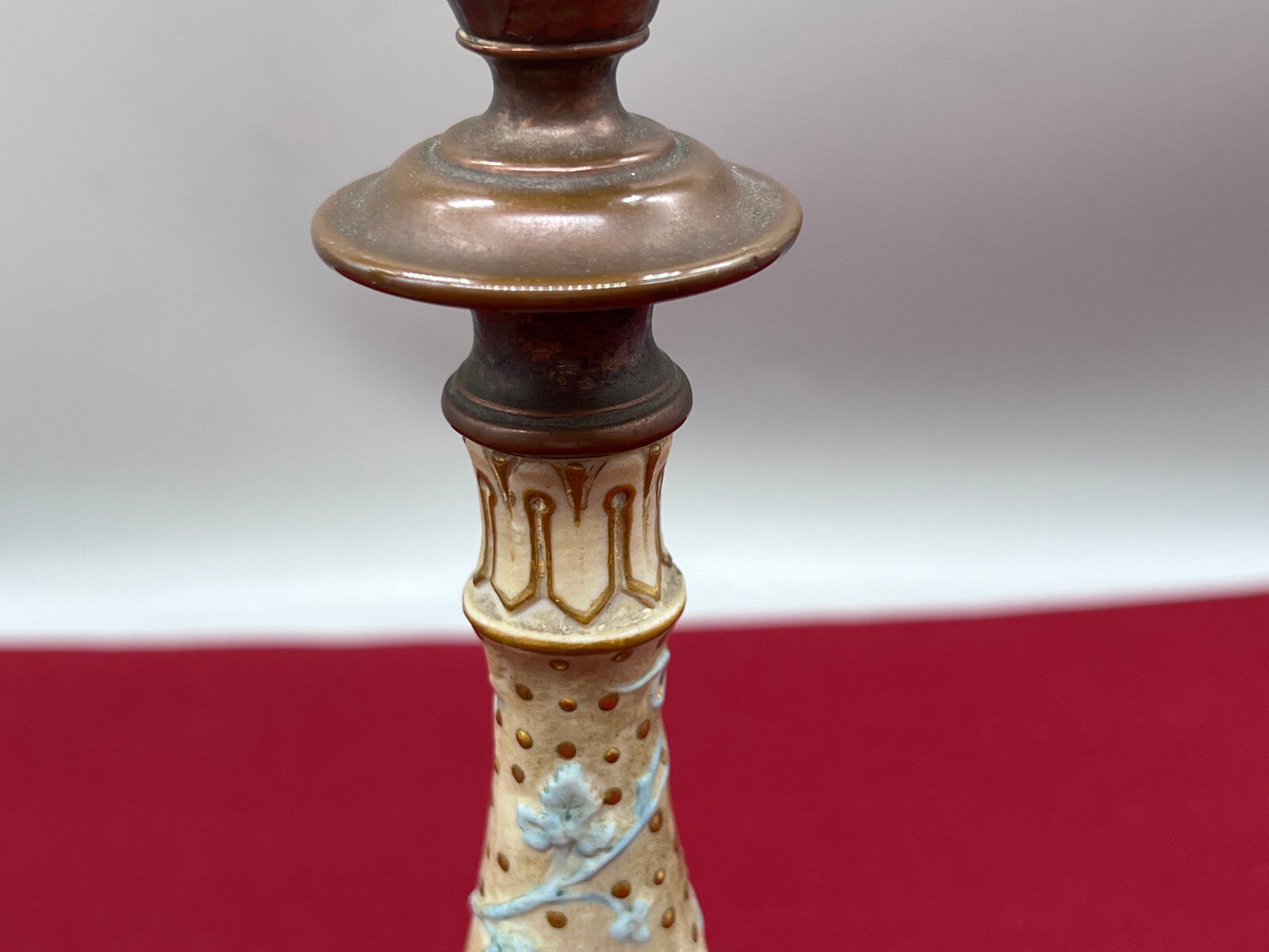 Paar antike Kerzenleuchter Jugendstil Kupfer mit Keramik handbemalt