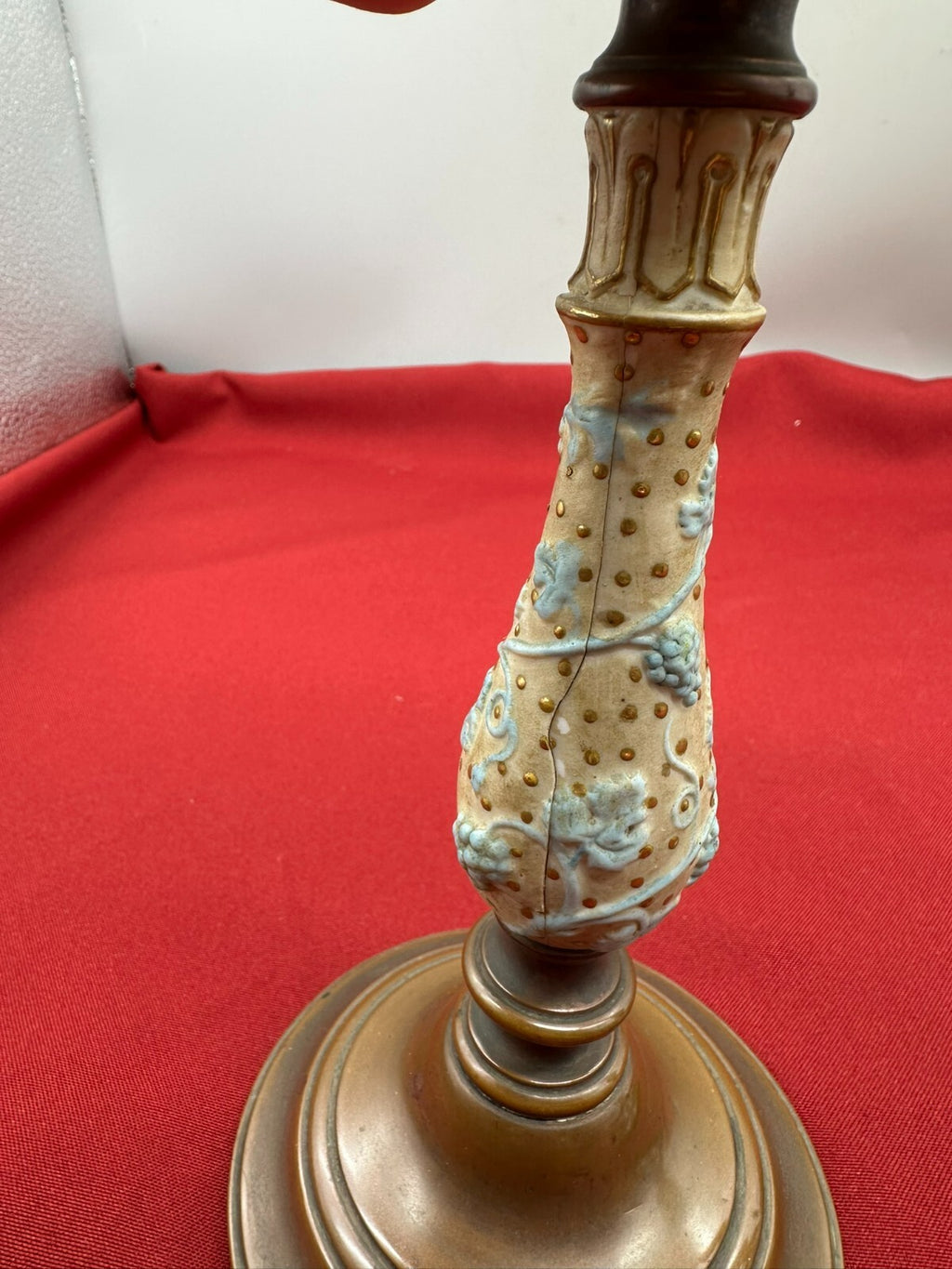 Paar antike Kerzenleuchter Jugendstil Kupfer mit Keramik handbemalt