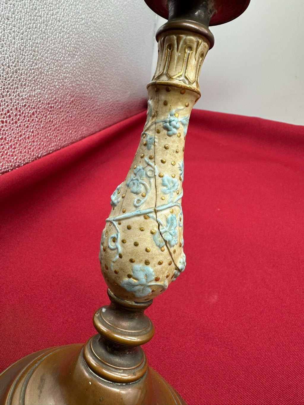 Paar antike Kerzenleuchter Jugendstil Kupfer mit Keramik handbemalt