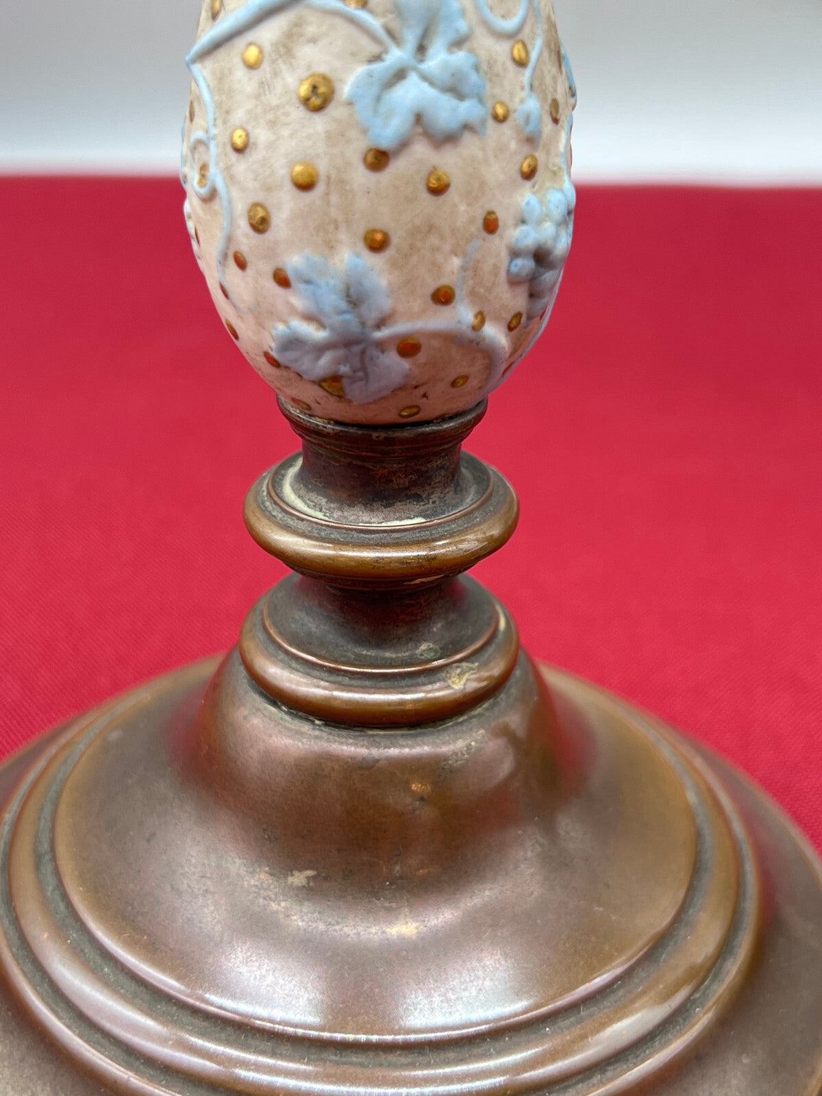 Paar antike Kerzenleuchter Jugendstil Kupfer mit Keramik handbemalt