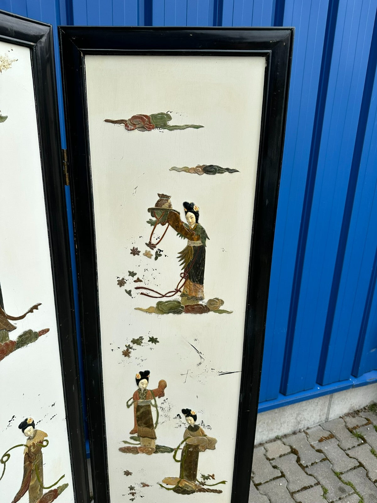 Antikes 180x183cm Japanisches Paravent um 1930 Art Deco Steinfiguren Bemalung