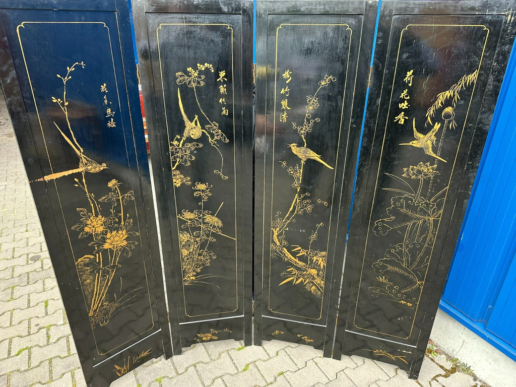 Antikes 180x183cm Japanisches Paravent um 1930 Art Deco Steinfiguren Bemalung