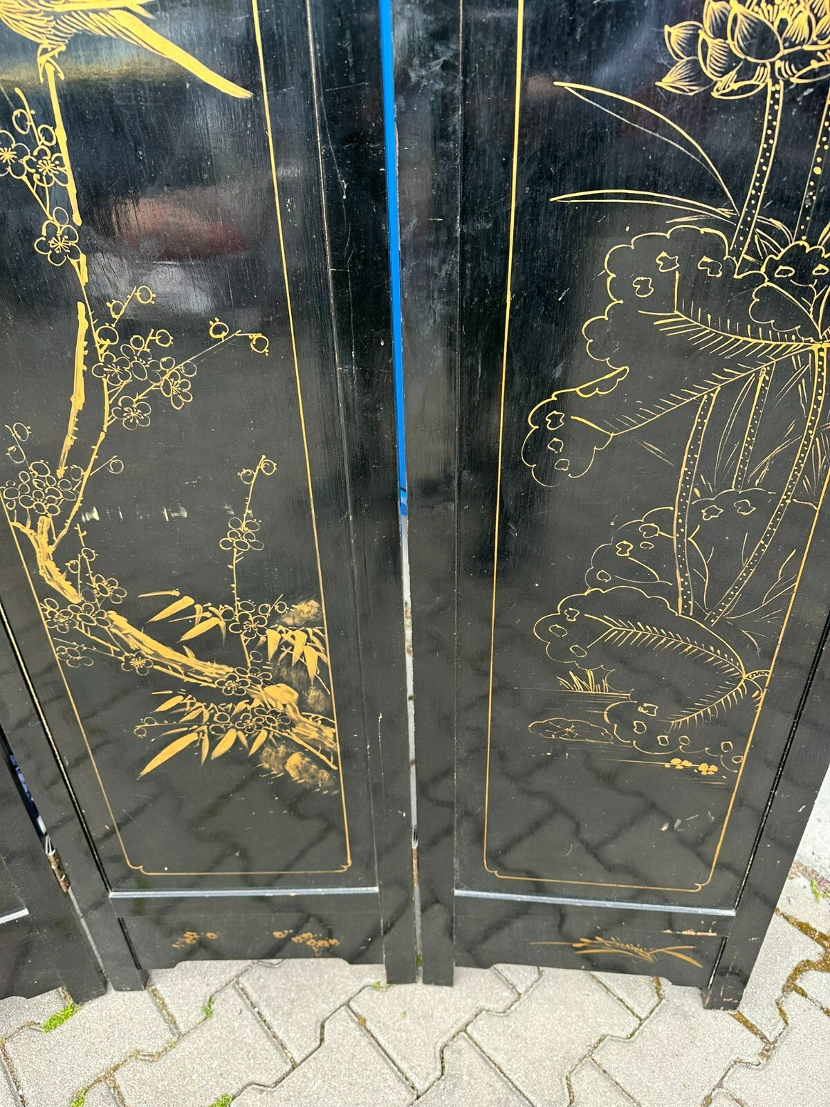 Antikes 180x183cm Japanisches Paravent um 1930 Art Deco Steinfiguren Bemalung