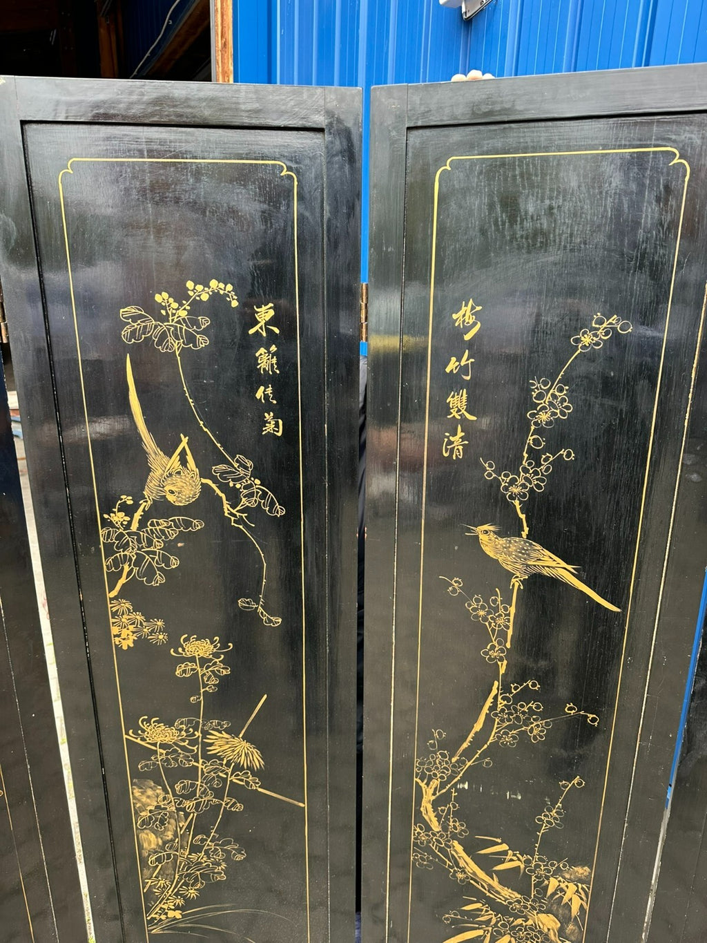 Antikes 180x183cm Japanisches Paravent um 1930 Art Deco Steinfiguren Bemalung