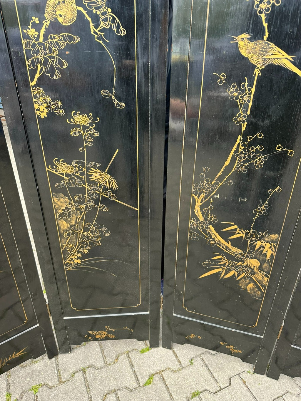 Antikes 180x183cm Japanisches Paravent um 1930 Art Deco Steinfiguren Bemalung
